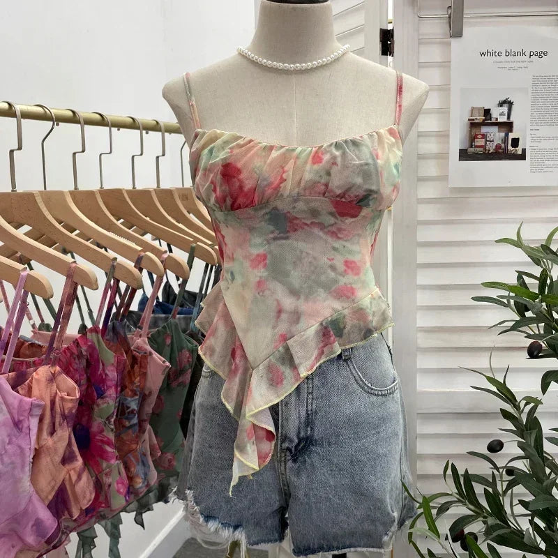 2024 New Girls Sweet Ruffles Mesh Camisole Top Lady Camis Sleeveless Printed Floral T shirts Stretch Slim Tanks For Slim Women