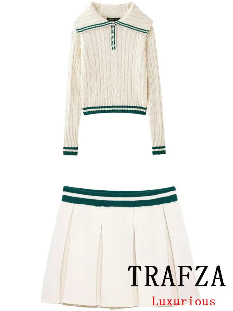 TRAFZA Casual Chic Striped Women Suit Polo-Neck Button Straight Sweater Mini Slim Skirt Fashion 2025 Spring Summer Knitted Suit
