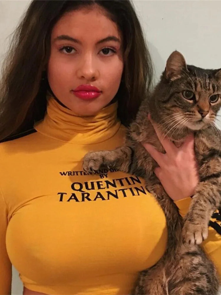 Tops cortos sexys de Quentin Tarantino para mujer, camiseta corta de punto de algodón con cuello alto y manga larga a rayas laterales, moda 2023