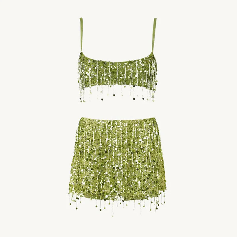 Sexy Sequins Tassel Skirt Sets Women Sling Crop Tops Hip Package A-line Short Skirts 2025 Summer Chic Beach Party Outfits Lady