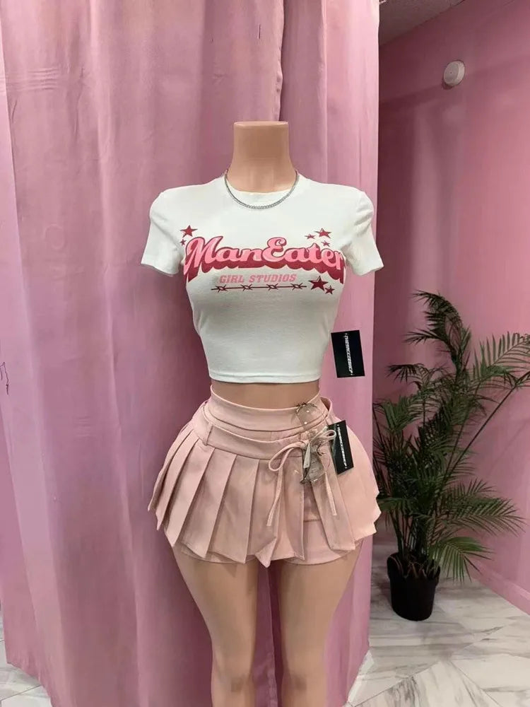 Fashion Two Piece Sets for Women Sexy Club Skirts Suits Short Sleeve T-shirt + Mini Pleated Shorts Skirt