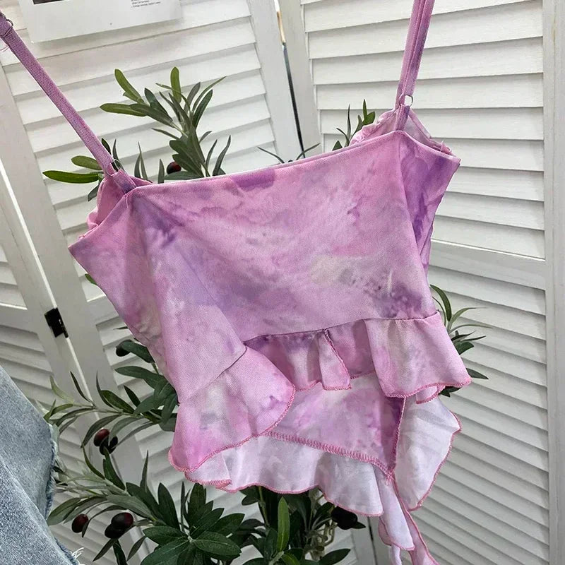 2024 New Girls Sweet Ruffles Mesh Camisole Top Lady Camis Sleeveless Printed Floral T shirts Stretch Slim Tanks For Slim Women