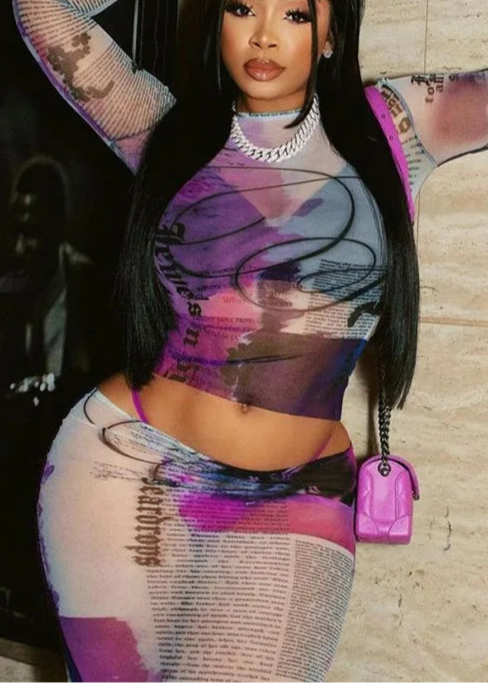 Echoine Print Sheer Mesh See Through Sexy Long Sleeve Crop Top and Skirt Two Piece Set Evening Party Outfits 2024