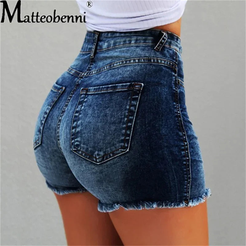 2025 Women High Waist Denim Shorts Ripped Hole Bodycon Short Feminino Jean Shorts With Tassel Summer Casual Streetwear
