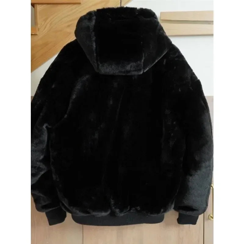 Winter men's reversible multi-pocket bomber jacket High quality solid color faux fur hooded jacket size 2XL