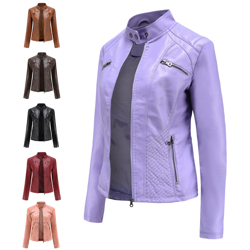 Purple leather jacket with multiple color options displayed on a white background