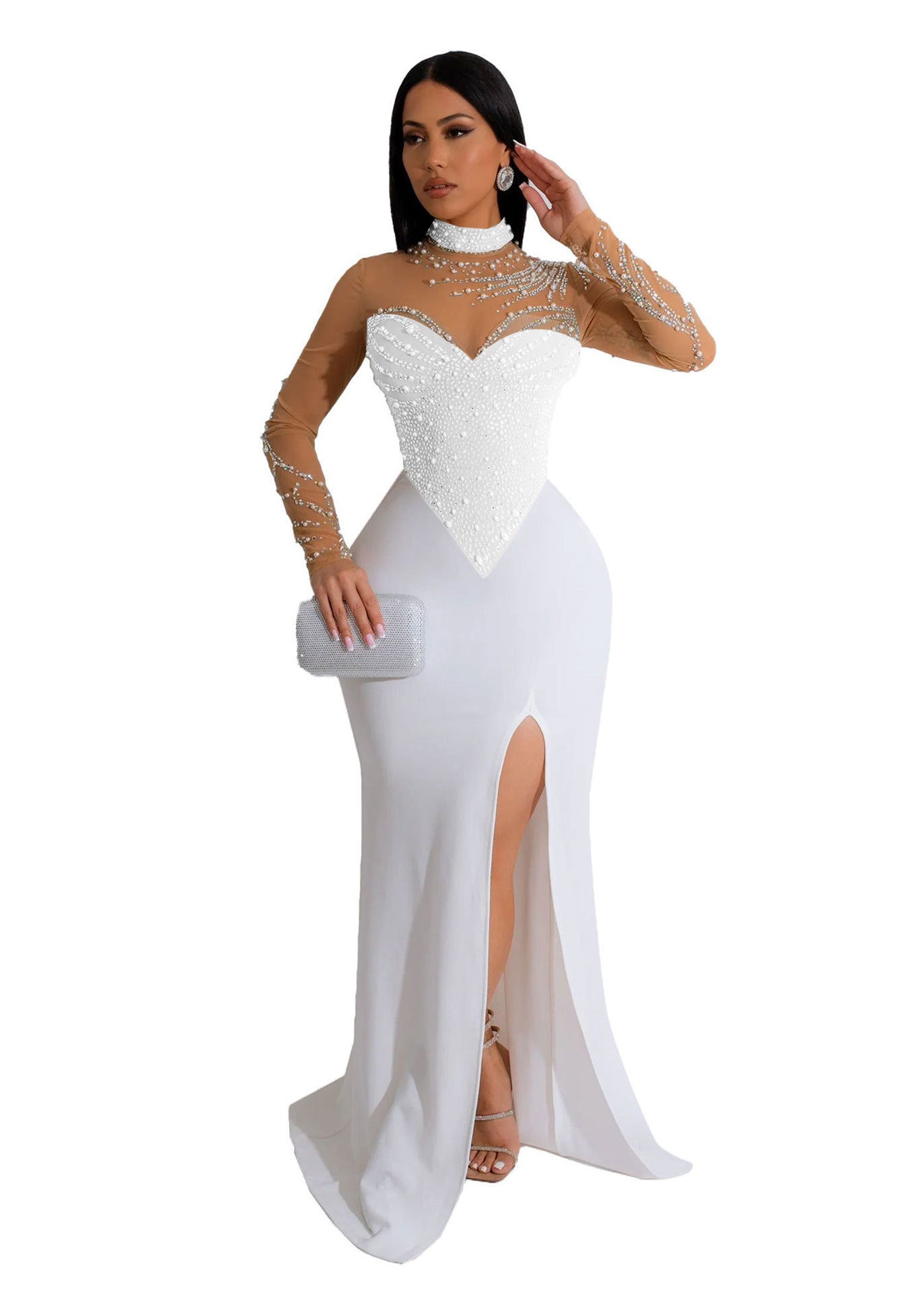 Women's Rhinestone Pearl See-through Waist-tight Stretch Split Dress