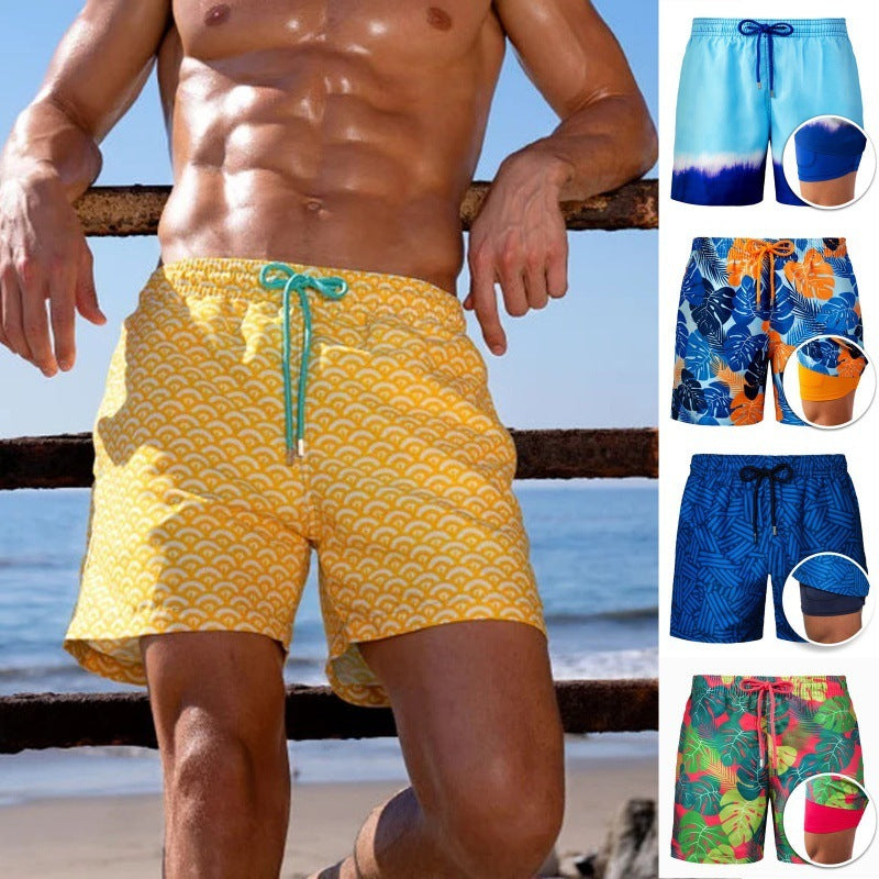 Pantalones cortos de playa estampados para hombre Pantalones cortos deportivos de doble capa Verano