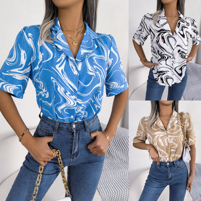 Camisa de manga corta con estampado Tie Dye para mujer, camisa informal de verano con solapa, ropa