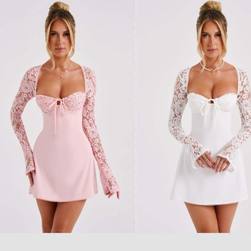 Sexy Y2K Lace Corset Mini Dress – Long Sleeve Backless Lace-Up Design