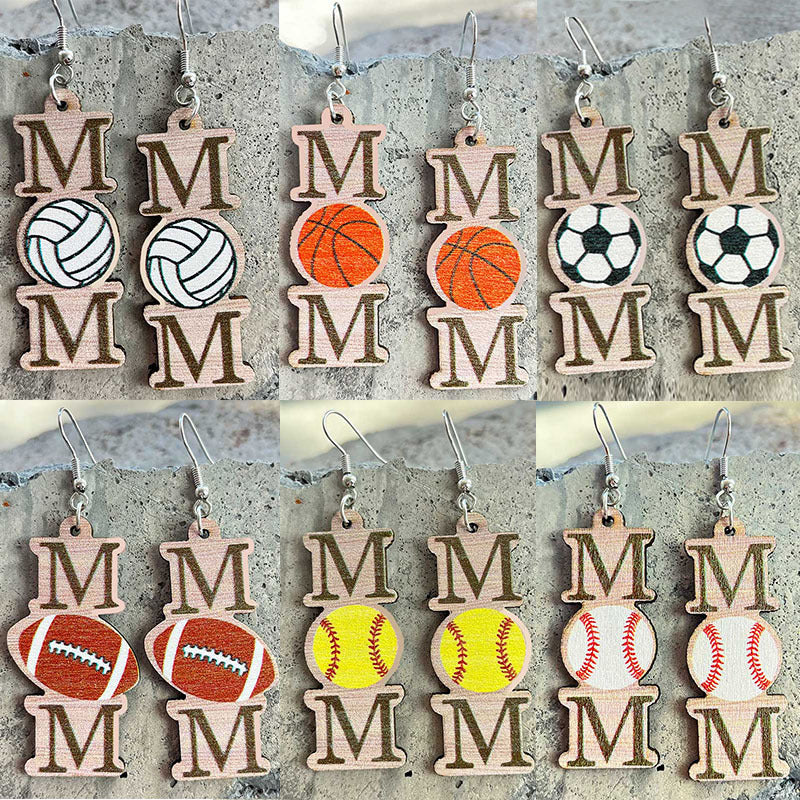 Pendientes minimalistas de madera con forma de deportes de pelota del día de la madre