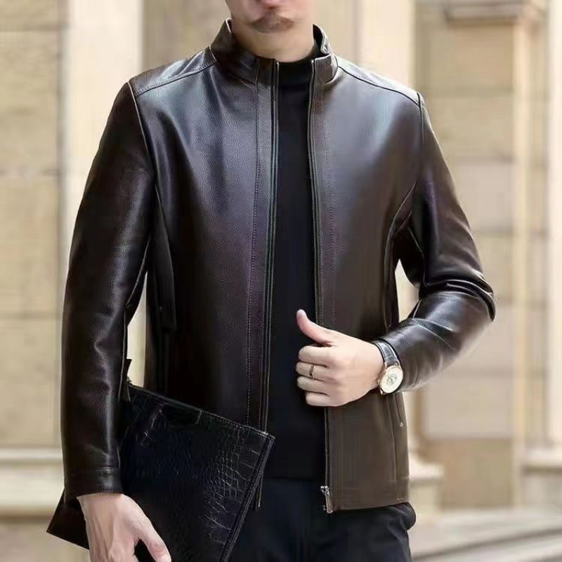 Premium Fleece-Lined Leather Jacket - Stand Collar Men's Outerwear