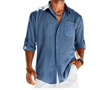 Camisa casual de manga larga con bolsillo, cuello tipo polo de encaje, botón de color sólido, ropa para hombre