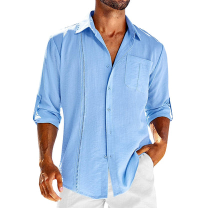 Camisa casual de manga larga con bolsillo, cuello tipo polo de encaje, botón de color sólido, ropa para hombre