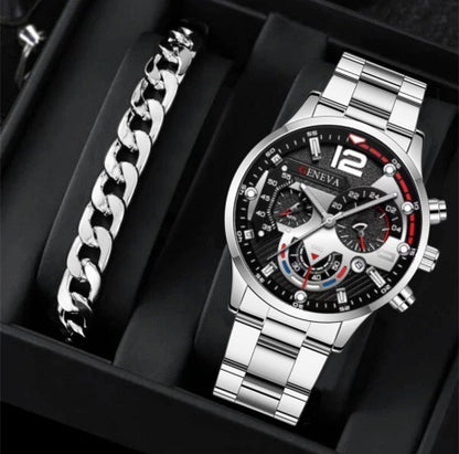 Stylish Men's Steel Quartz Watch & Bracelet Set – Perfect Gift