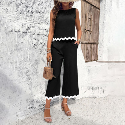 Summer Wave Print Suit: Sleeveless Top & Straight Trousers