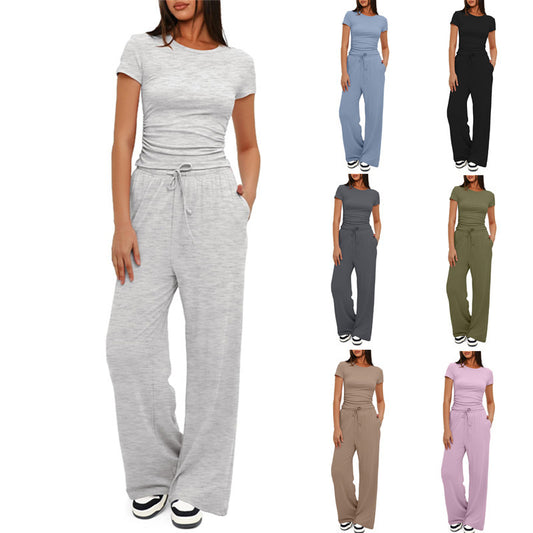 2 piezas de traje deportivo informal de Color sólido, Top de manga corta y pantalones anchos con cordón de cintura alta, conjunto de moda de verano para ropa de mujer