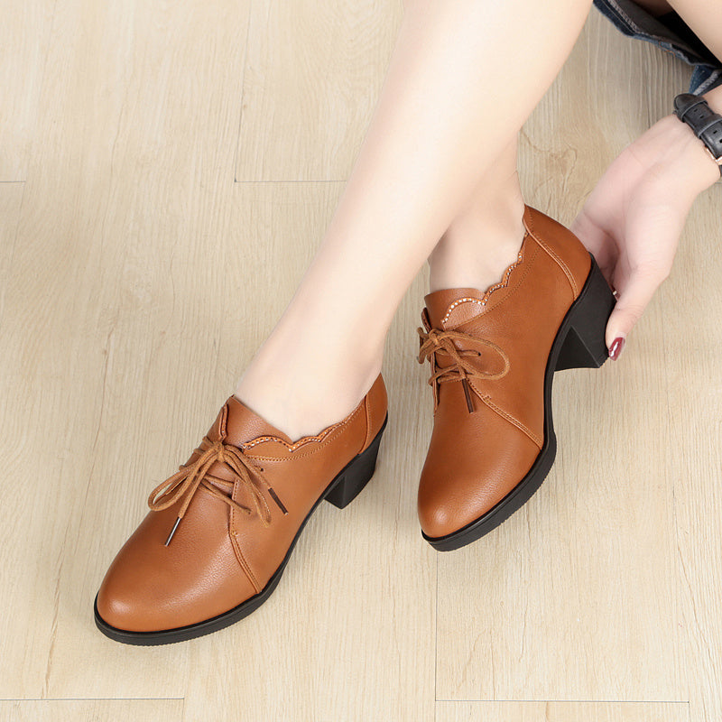 Mother Shoes Winter Leather Shoes Leather Mid-heel Thick Heel