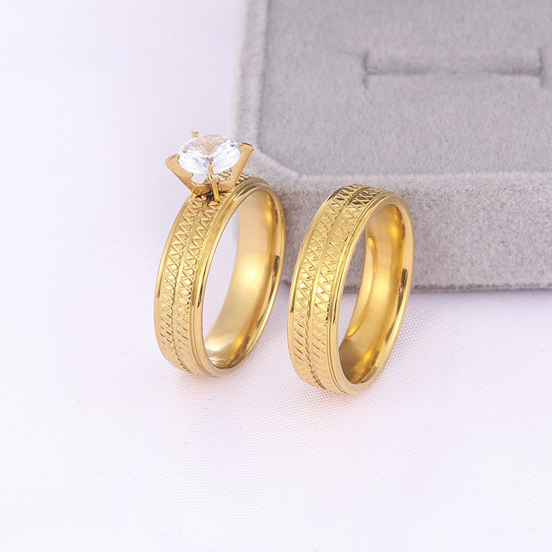 Stainless Steel Diamond  Pattern Couple Rings