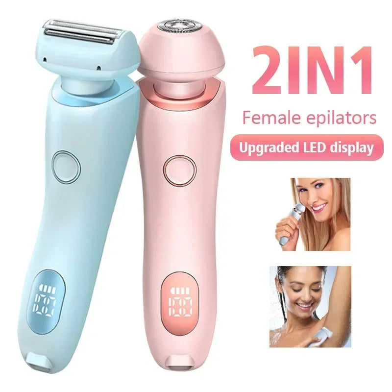 The image shows two 2-in-1 female epilators in blue and pink color with an LED display, indicating a upgraded feature. The product is designed for hair removal on various parts of the body including the face, legs, underarms, and bikini area.