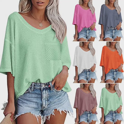 V-neck Shirts Women Summer Short Sleeve Green Tops With Patched Pocket