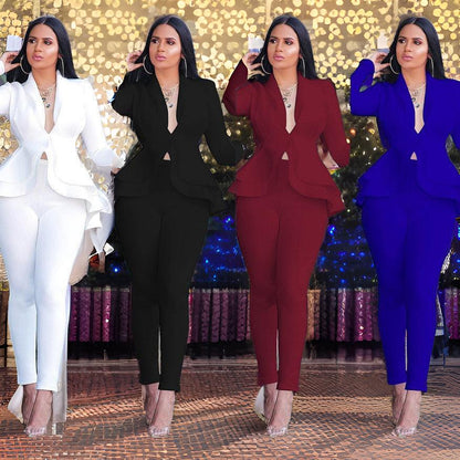 New Women Winter Women&#39;s Set Tracksuit Full Sleeve Ruffles Blazers Pencil Pants Suit Two Piece Set Office Lady Outfits Uniform