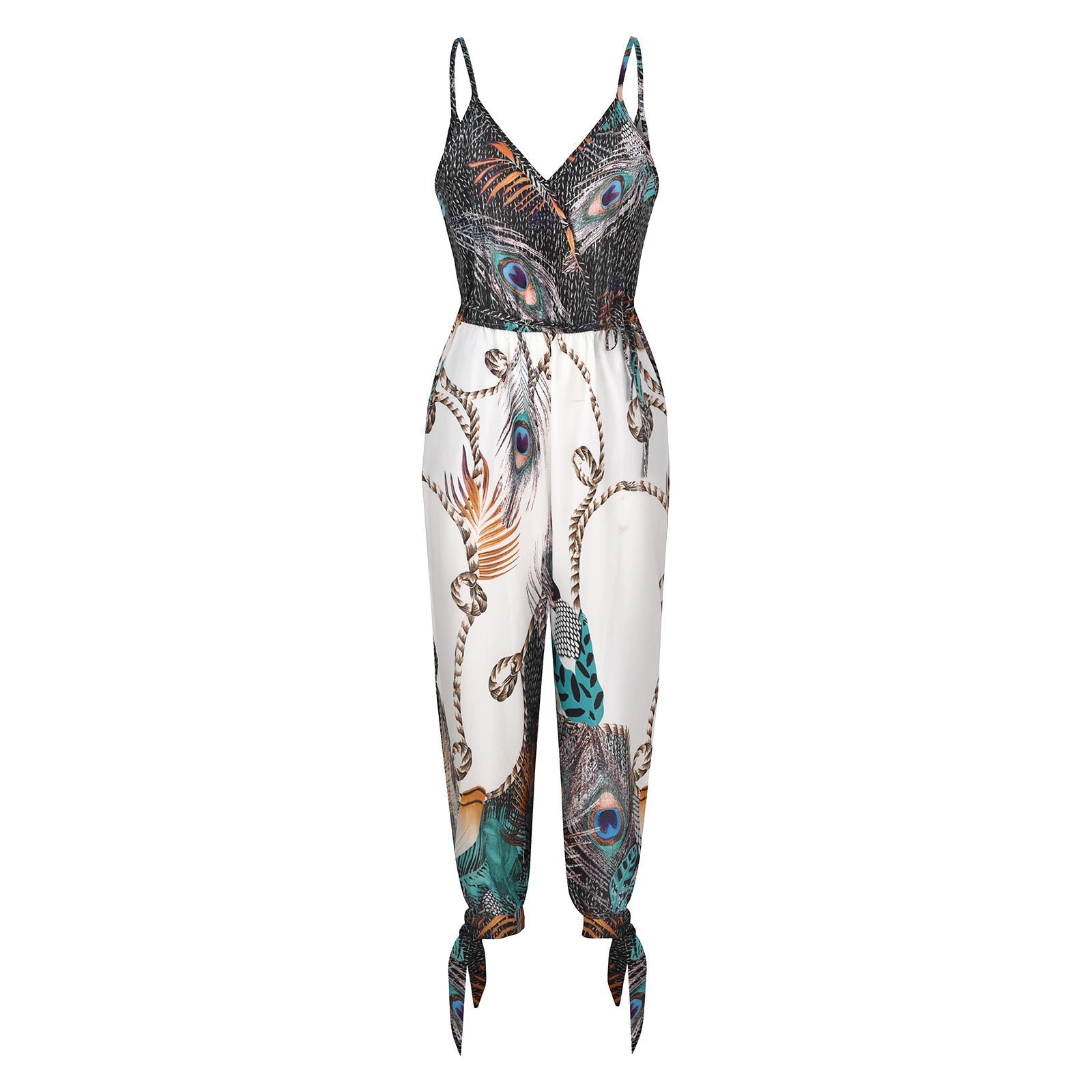 best 2021 Autumn Women Casual Sleeveless V-Neck Jumpsuits Ladies Boho Floral Bodysuit Loose Long Pencil Side Slit Pants Plus Size 0 shop online at M2K Trends for