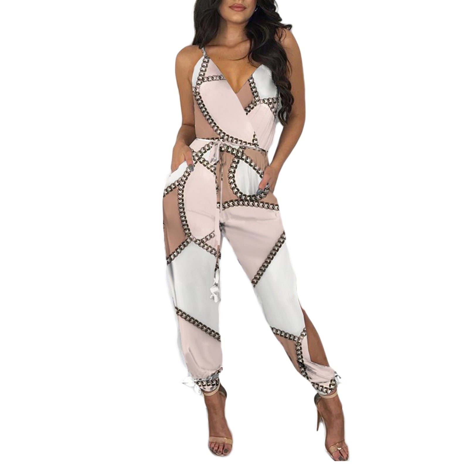 best 2021 Autumn Women Casual Sleeveless V-Neck Jumpsuits Ladies Boho Floral Bodysuit Loose Long Pencil Side Slit Pants Plus Size 0 shop online at M2K Trends for