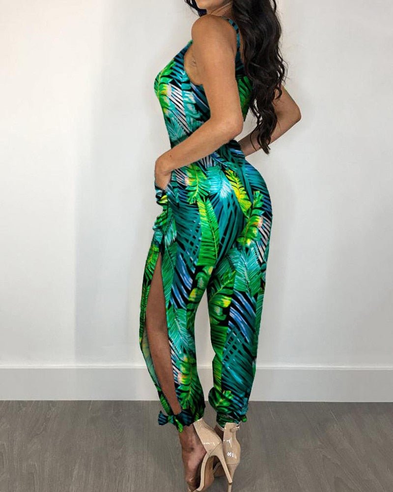 best 2021 Autumn Women Casual Sleeveless V-Neck Jumpsuits Ladies Boho Floral Bodysuit Loose Long Pencil Side Slit Pants Plus Size 0 shop online at M2K Trends for