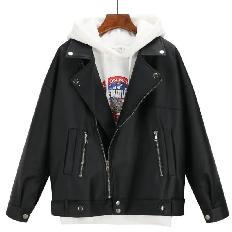 best 2021 New Arrival Women Autumn Winter Leather Jacket Oversized Boyfriend Korean Style Female Faux Coat Outwear Black Bike Jacket shop online at M2K Trends for