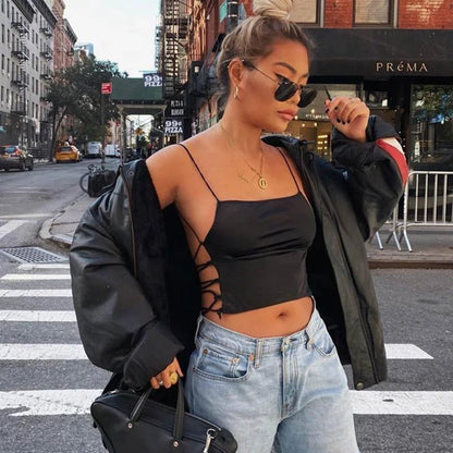 best 2021 Sexy Backless Bandage Cami Spaghetti Strap Top Summer Goth Sleeveless Cropped Y2K Streetwear Women Black Red Clothes shop online at M2K Trends for