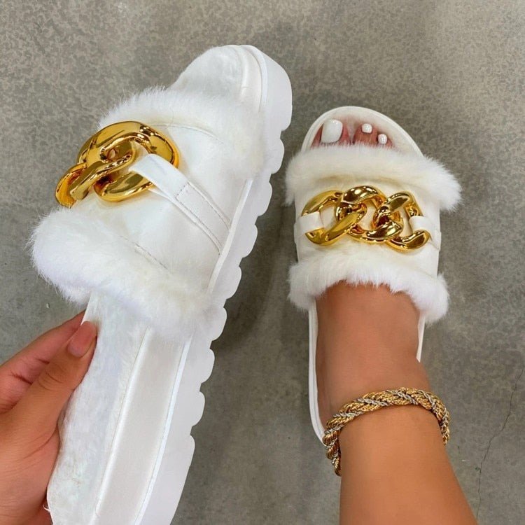 best 2021 Winter Plush Slippers Fashion Open Toe Solid Color Women&#39;s Sandals Metal Chain Outdoor Casual Women&#39;s Shoes Fashion Shoes 0 shop online at M2K Trends for
