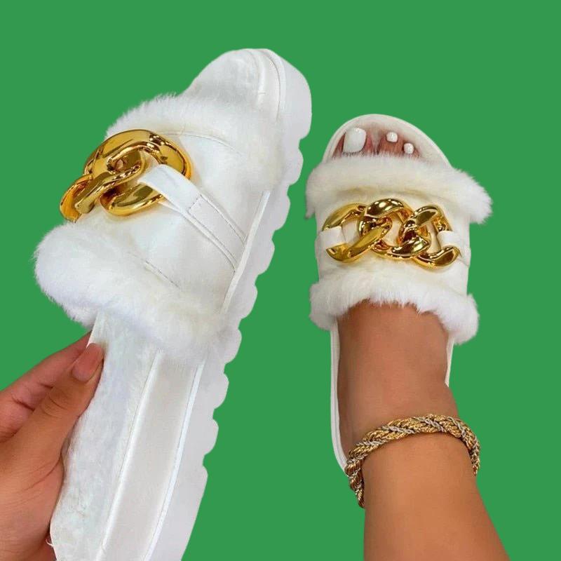 best 2021 Winter Plush Slippers Fashion Open Toe Solid Color Women&#39;s Sandals Metal Chain Outdoor Casual Women&#39;s Shoes Fashion Shoes 0 shop online at M2K Trends for