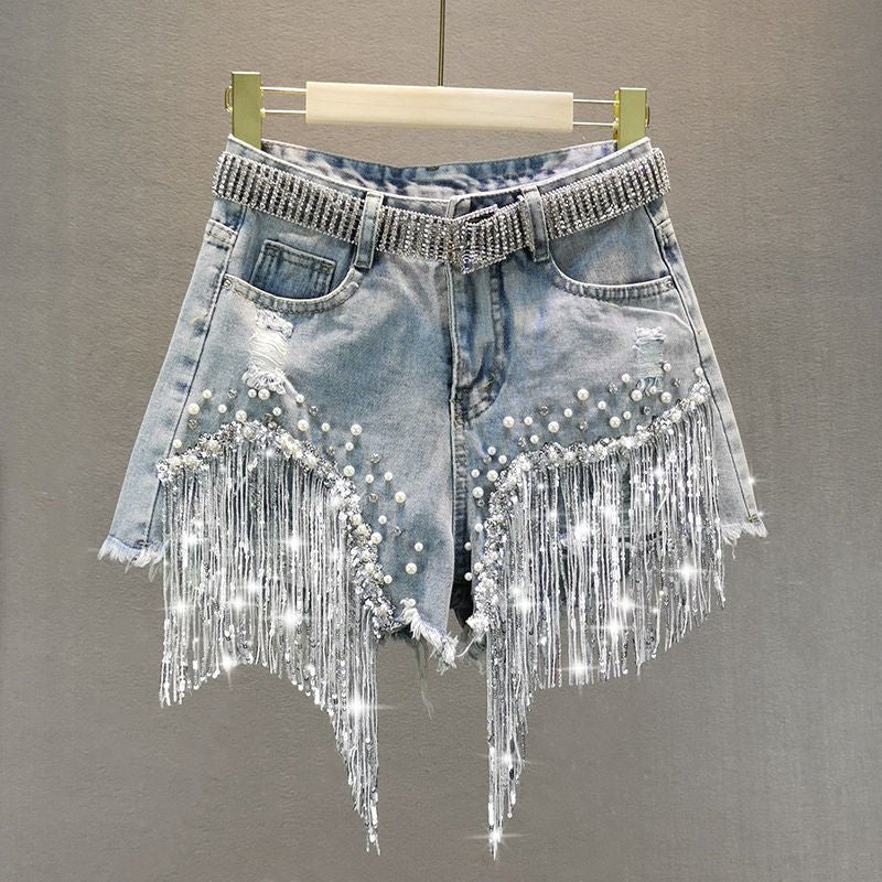 best 2021 Women Spring Summer New Elegant Shorts Lady Tassel Beading High Waist Wide Leg Denim Shorts Female Casual Solid Shorts shorts shop online at M2K Trends for best denim shorts