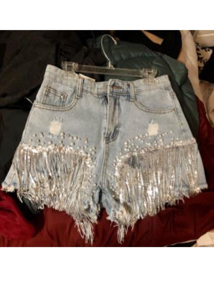 best 2021 Women Spring Summer New Elegant Shorts Lady Tassel Beading High Waist Wide Leg Denim Shorts Female Casual Solid Shorts shorts shop online at M2K Trends for best denim shorts
