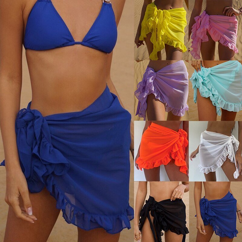 best 2022 Mesh Mini Ruffle Skirts Women Cover Up Tassel Dress Bikini Solid Bathing Skirt Women Swimwear Pareo Scarf Beachwear Wrap 0 shop online at M2K Trends for