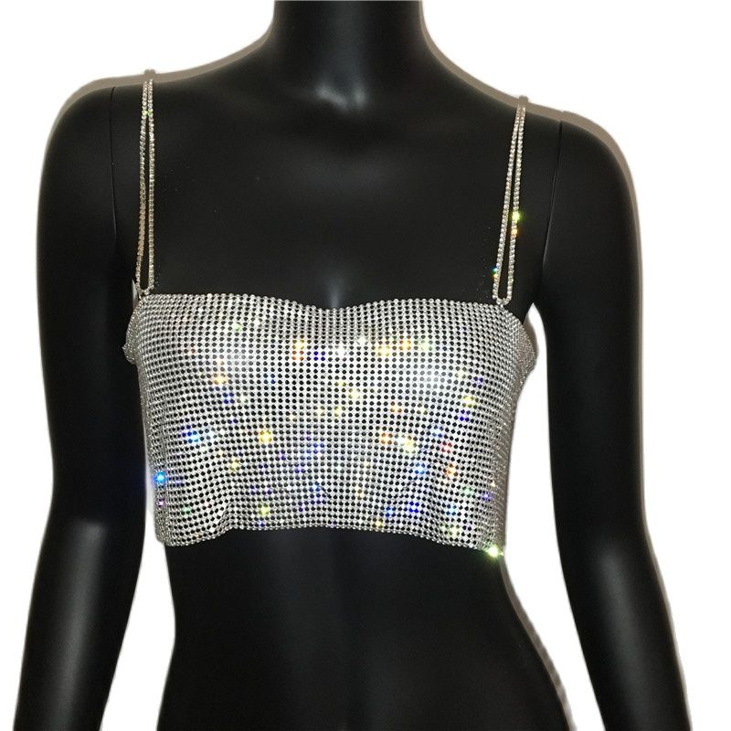 best Tank Top Glitter Metal Mesh Halter Metallic Strap Crop Tops Festival Party Sexy Women Outfits 0 shop online at M2K Trends for