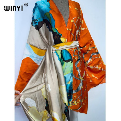 best 2022 WINYI Summer Beach Wear Swim Suit Cover kaftan sweet lady boho Cardigan stitch Self Belted sexy Holiday long Sleeve Kimono 0 shop online at M2K Trends for