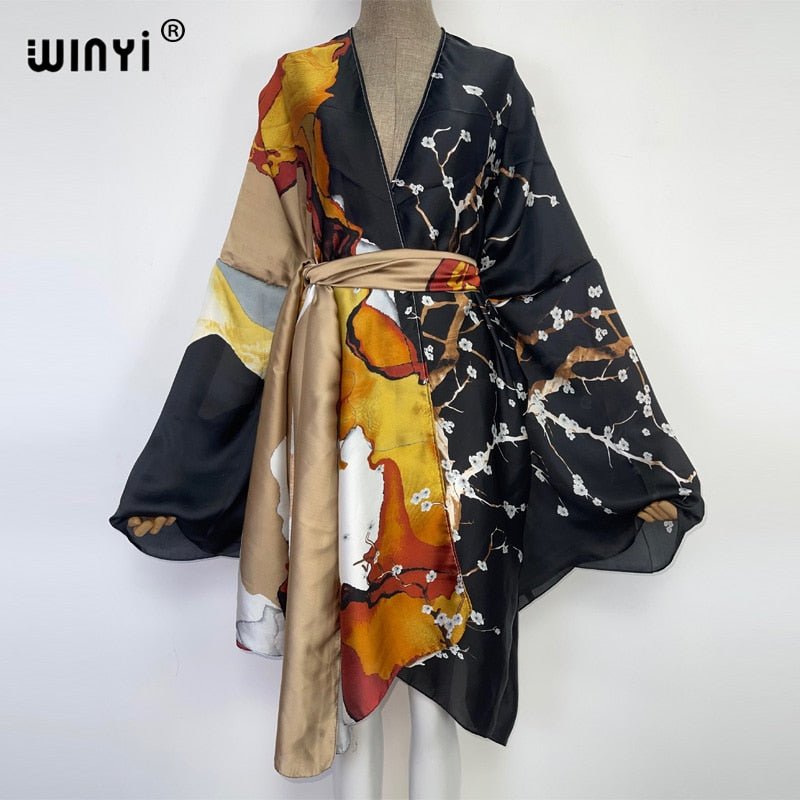 best 2022 WINYI Summer Beach Wear Swim Suit Cover kaftan sweet lady boho Cardigan stitch Self Belted sexy Holiday long Sleeve Kimono 0 shop online at M2K Trends for