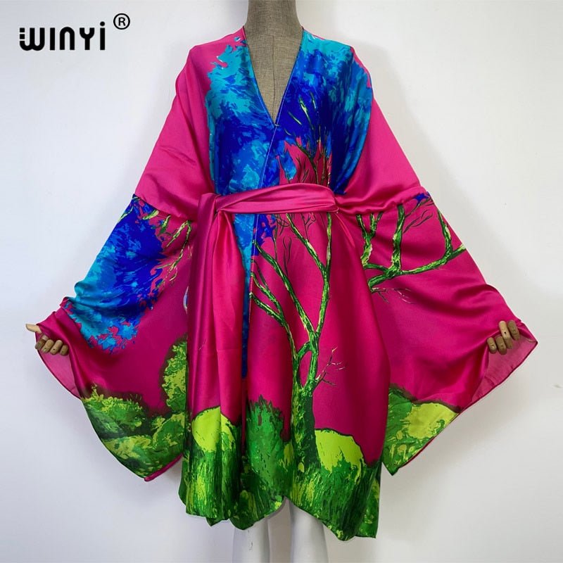 best 2022 WINYI Summer Beach Wear Swim Suit Cover kaftan sweet lady boho Cardigan stitch Self Belted sexy Holiday long Sleeve Kimono 0 shop online at M2K Trends for