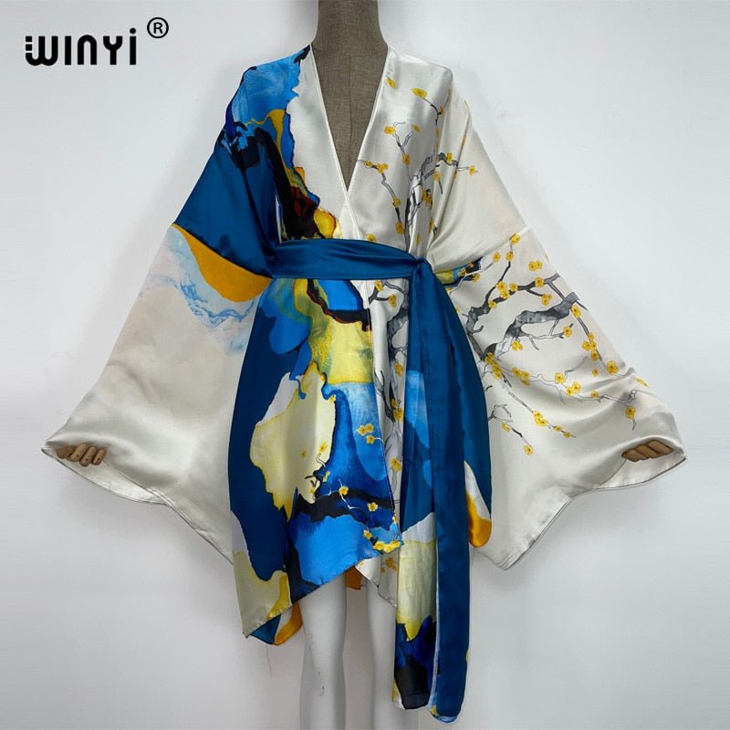 best 2022 WINYI Summer Beach Wear Swim Suit Cover kaftan sweet lady boho Cardigan stitch Self Belted sexy Holiday long Sleeve Kimono 0 shop online at M2K Trends for