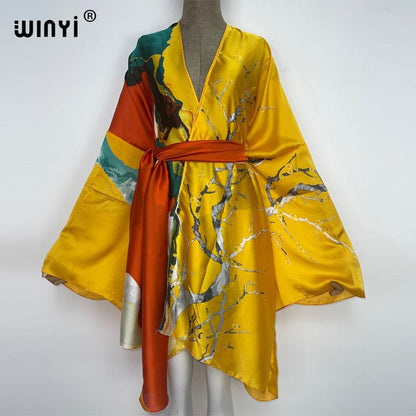 best 2022 WINYI Summer Beach Wear Swim Suit Cover kaftan sweet lady boho Cardigan stitch Self Belted sexy Holiday long Sleeve Kimono 0 shop online at M2K Trends for