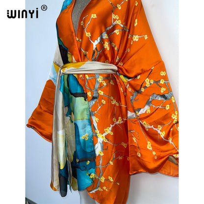 best 2022 WINYI Summer Beach Wear Swim Suit Cover kaftan sweet lady boho Cardigan stitch Self Belted sexy Holiday long Sleeve Kimono 0 shop online at M2K Trends for