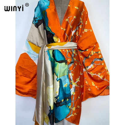 best 2022 WINYI Summer Beach Wear Swim Suit Cover kaftan sweet lady boho Cardigan stitch Self Belted sexy Holiday long Sleeve Kimono 0 shop online at M2K Trends for