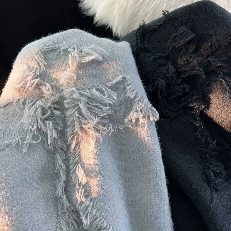 best 2023 Autumnand y2k Streetwear Men New Retro Hole Fringed Sweater Loose Versatile Sweater For Men And Women Long Sleeve Sweater shop online at M2K Trends for