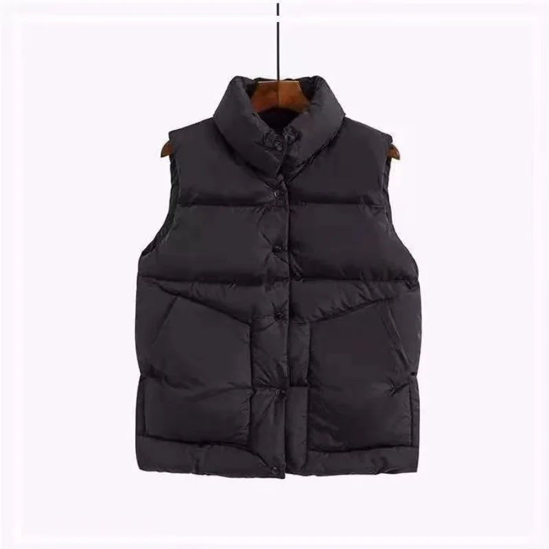 best 2023 Fashion Autumn New Stand Collar Elegant Down Coats Warm Outerwear Casual Belt Sleeveless Winter Women White Vests Jackets shop online at M2K Trends for