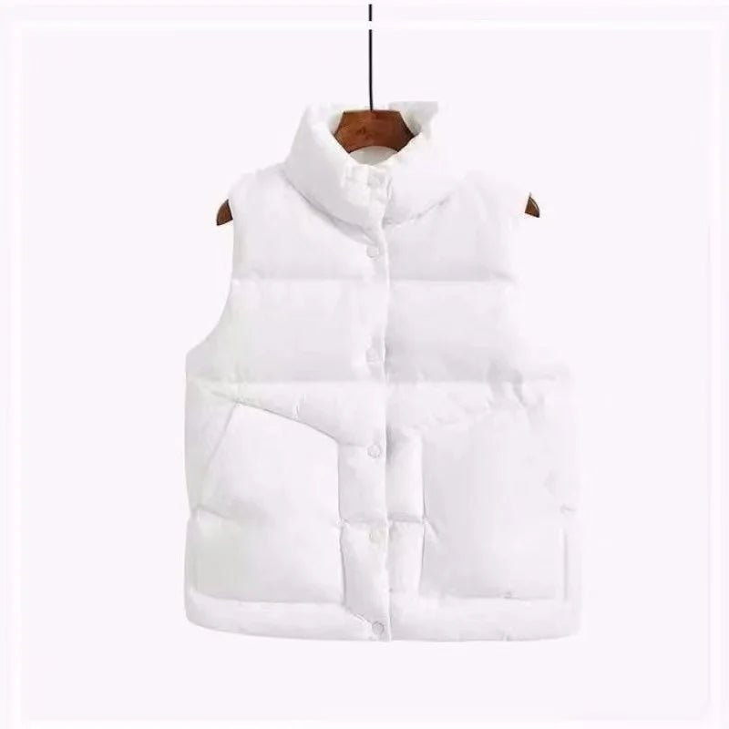 best 2023 Fashion Autumn New Stand Collar Elegant Down Coats Warm Outerwear Casual Belt Sleeveless Winter Women White Vests Jackets shop online at M2K Trends for