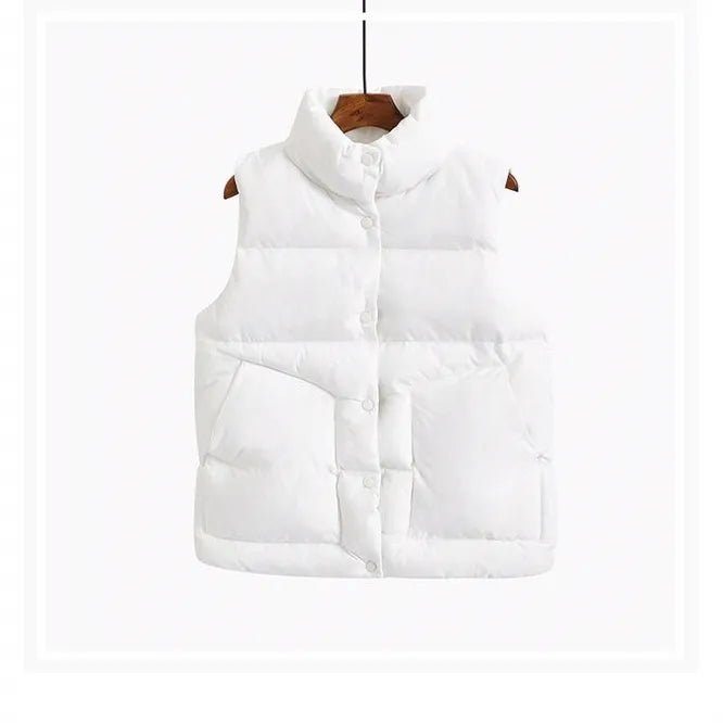 best 2023 Fashion Autumn New Stand Collar Elegant Down Coats Warm Outerwear Casual Belt Sleeveless Winter Women White Vests Jackets shop online at M2K Trends for