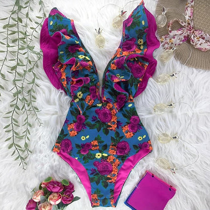 best 2023 New Sexy Ruffle Print Floral One Piece Swimsuit Off The Shoulder Swimwear Women Solid Deep-V Beachwear Bathing Suit Monkini 0 shop online at M2K Trends for