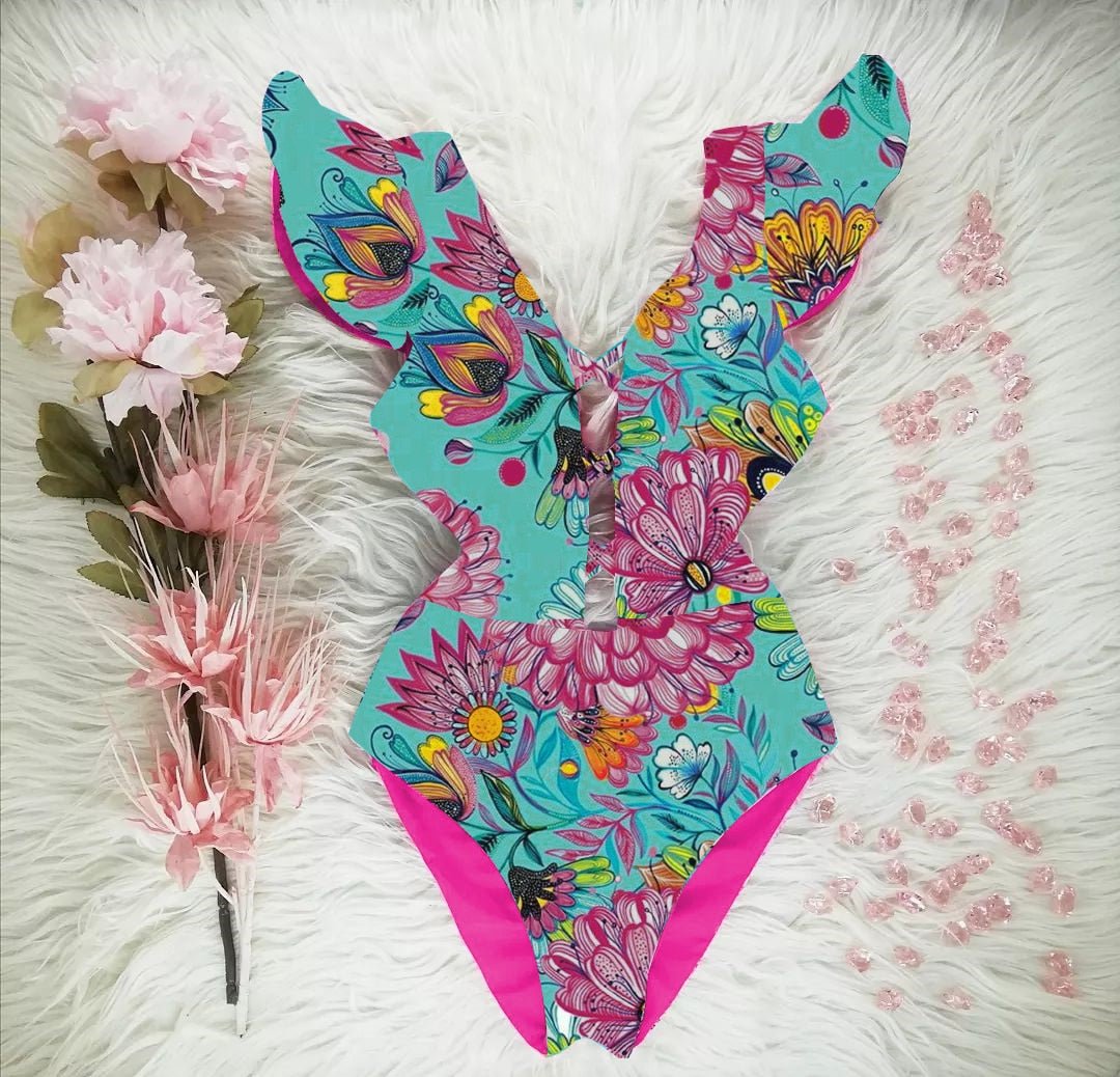 best 2023 New Sexy Ruffle Print Floral One Piece Swimsuit Off The Shoulder Swimwear Women Solid Deep-V Beachwear Bathing Suit Monkini 0 shop online at M2K Trends for